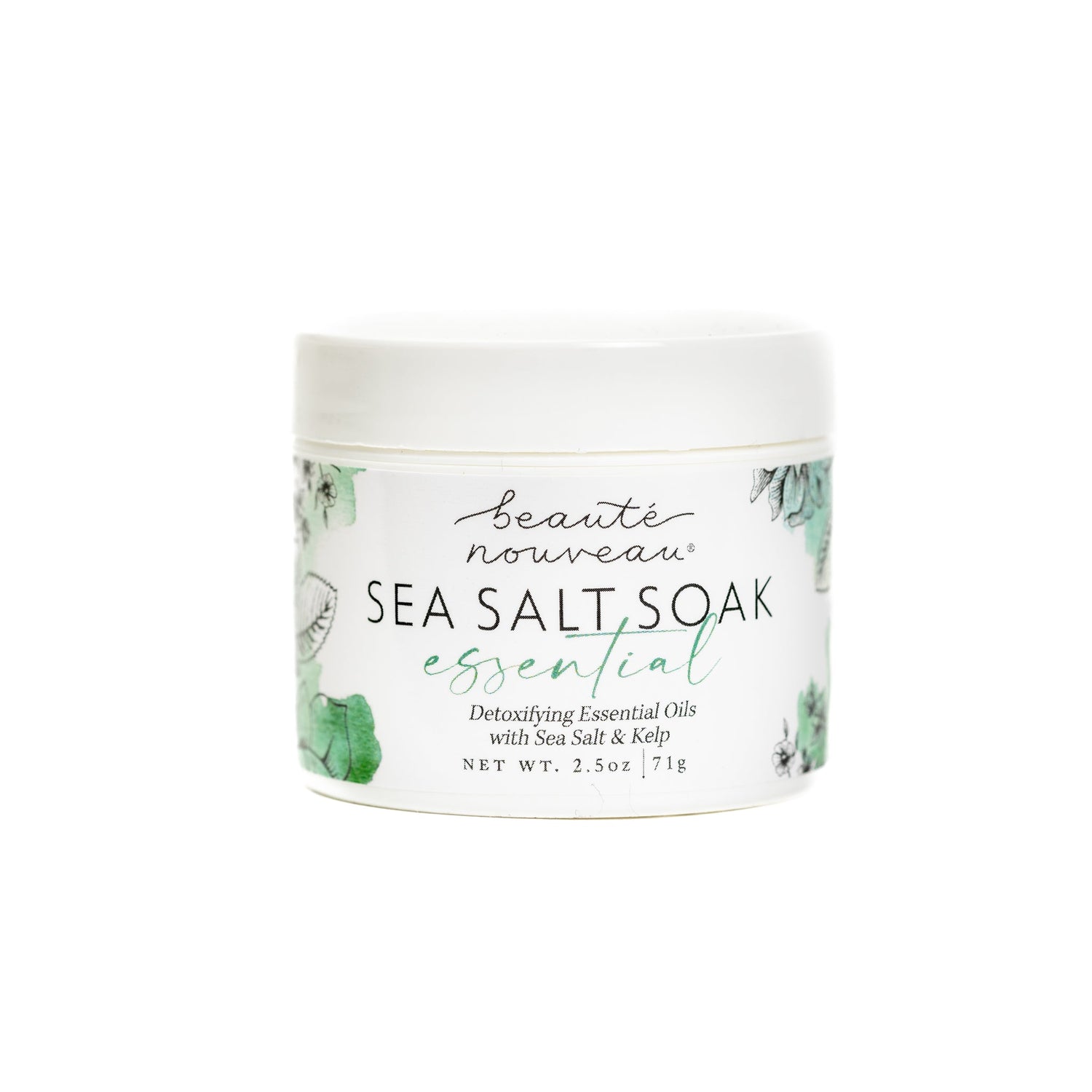 Picture of front of the essential sea salt soak packaging.