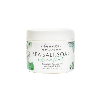Picture of front of the essential sea salt soak packaging.