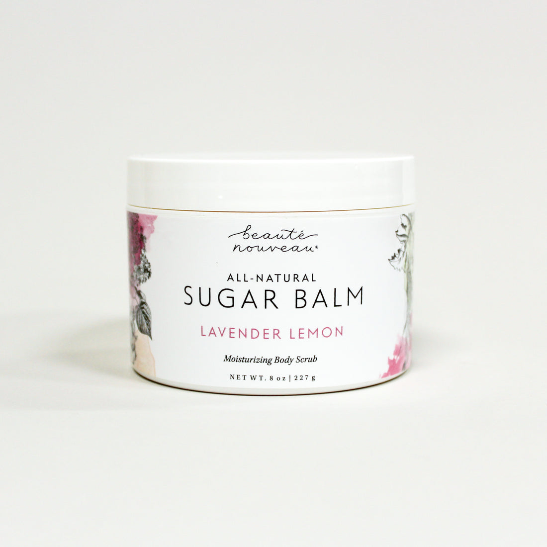 All-natural Lavender Lemon Sugar Balm body Scrub white container on a light background.