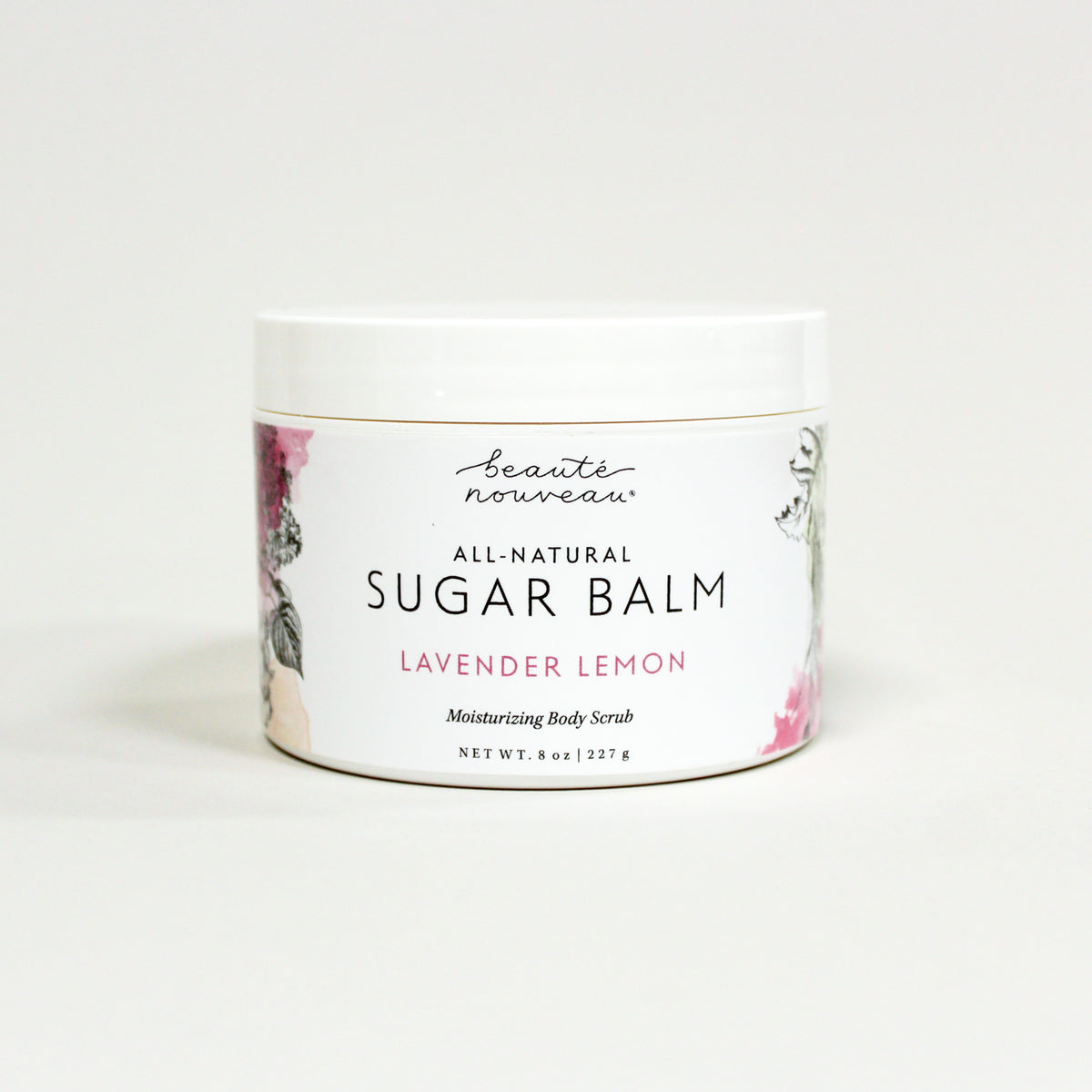 All-natural Lavender Lemon Sugar Balm body Scrub white container on a light background.