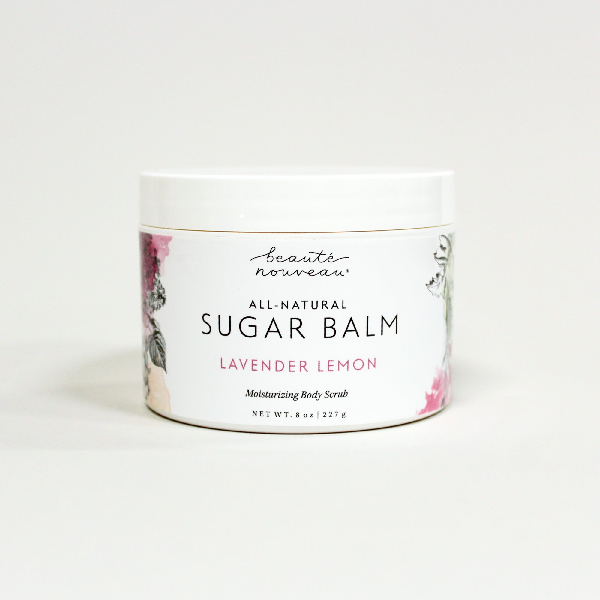 All-natural Lavender Lemon Sugar Balm body Scrub white container on a light background.
