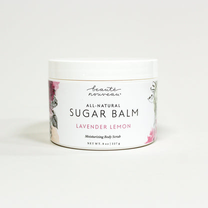 All-natural Lavender Lemon Sugar Balm body Scrub white container on a light background.