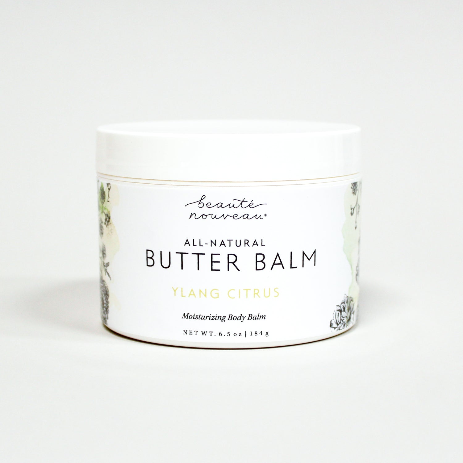 All-natural butter balm with Beauté Nouveau branding on a white background
