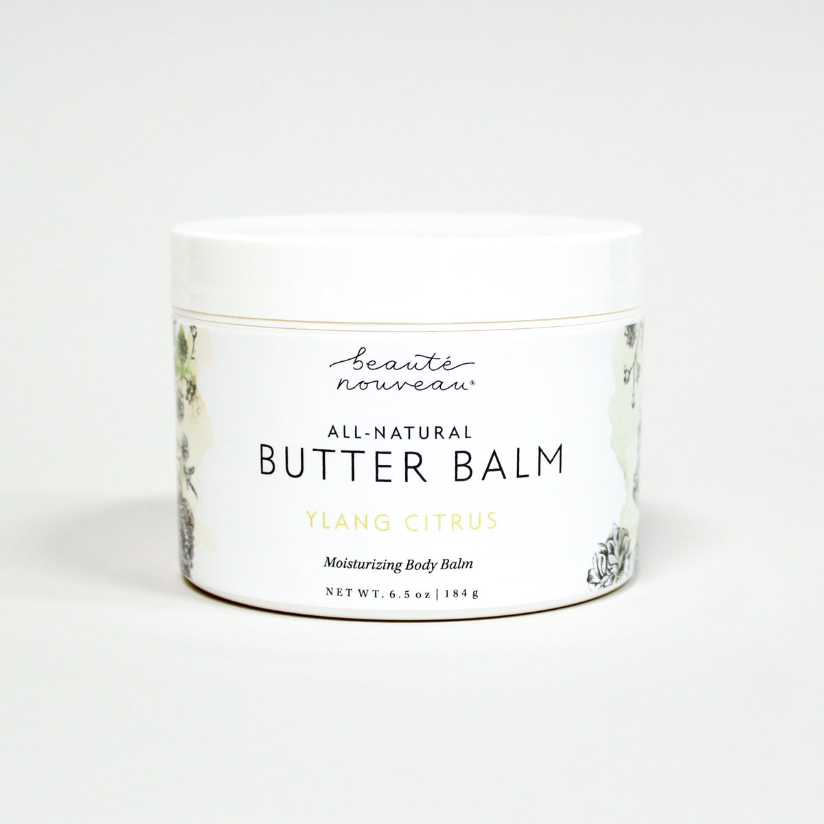 All-natural butter balm with Beauté Nouveau branding on a white background